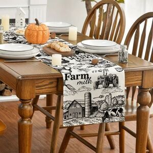 Table Runner 13x90in Country Farm Milk Cows Chickens off white and black